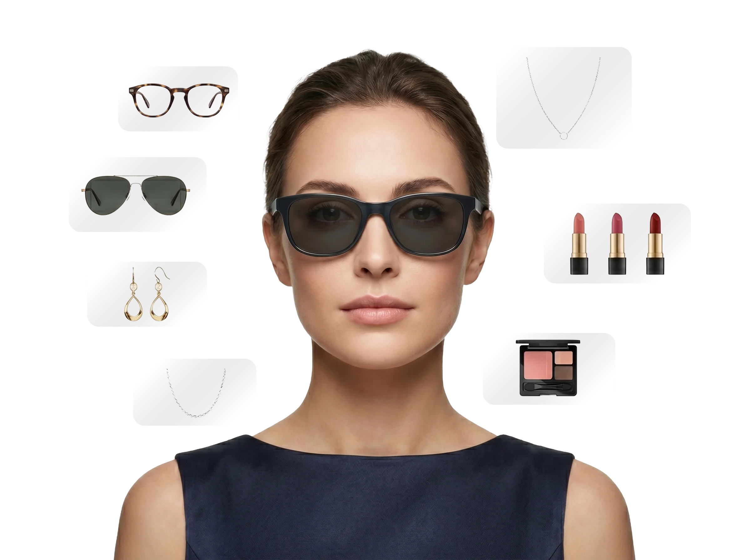 AR virtual try-on preview showing eyewear, jewelry and makeup options around a face